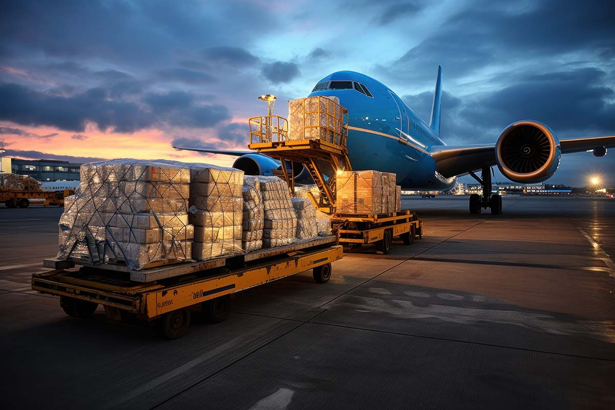 من نحن global logistic. airplane and parcel box, concept of air delivery shipping. generative ai